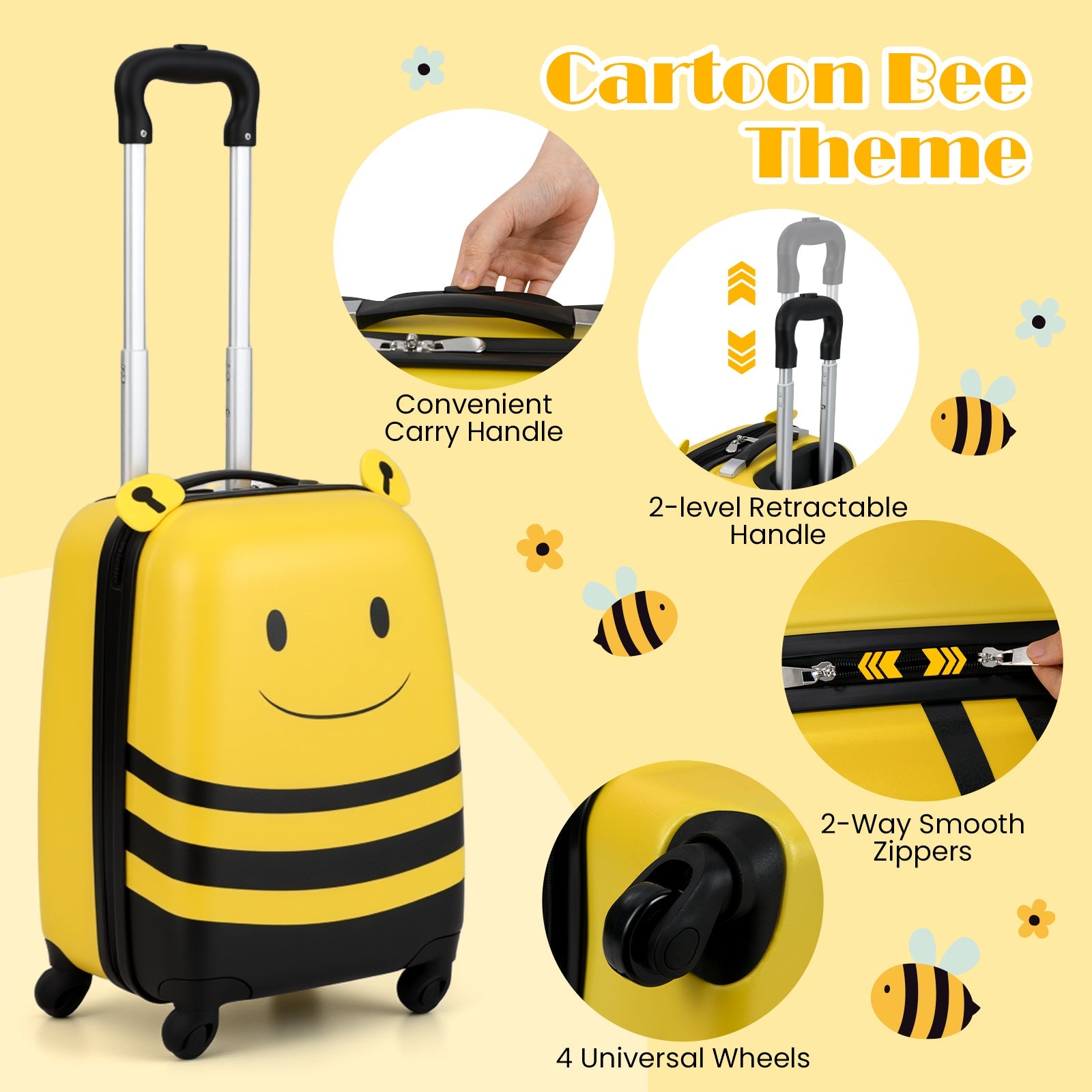 2 PCS Kids Luggage Set on Wheels, 16” Portable Bee Suitcase & 12” Backpack