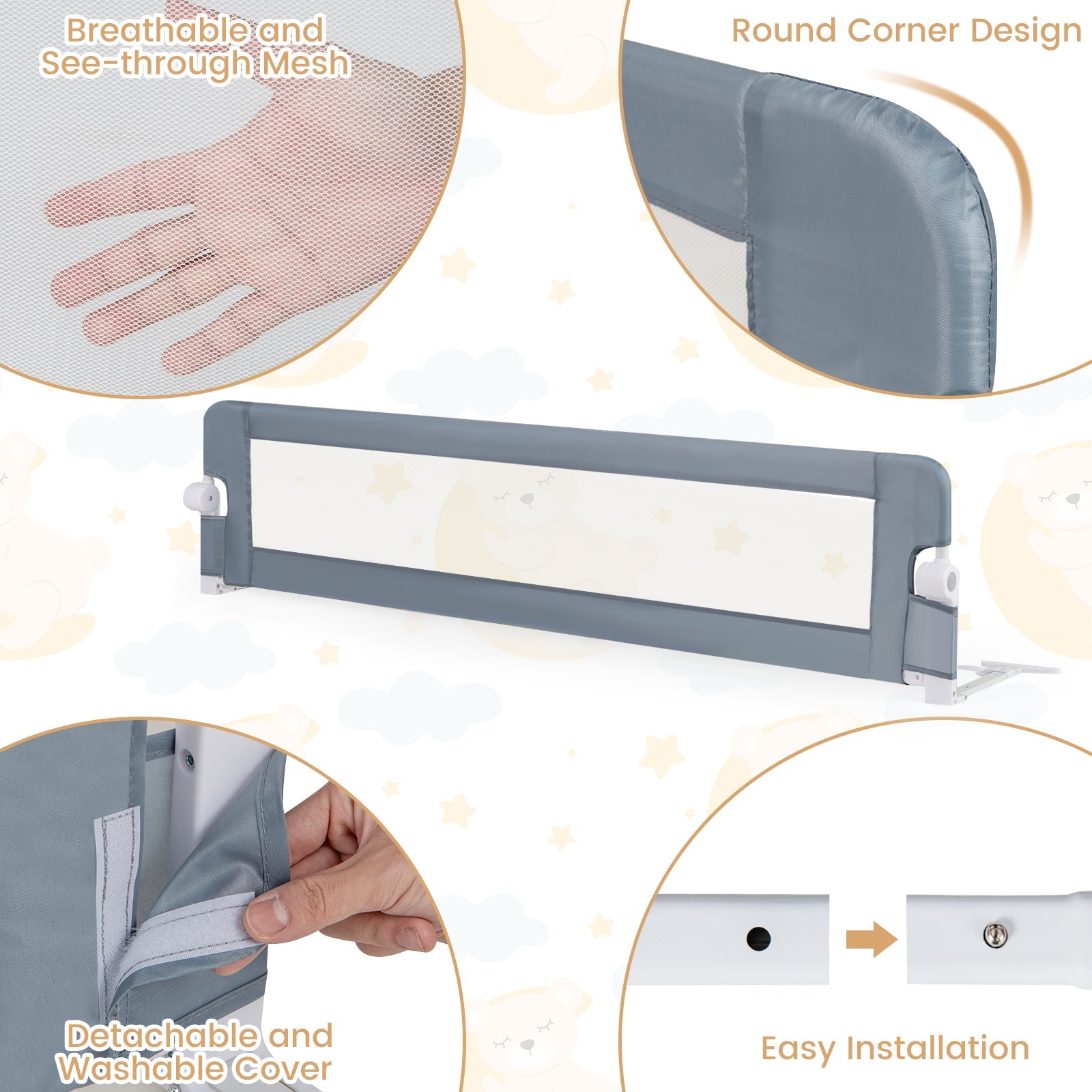 180 x 42 cm Foldable Bed Rail for Toddlers, Swing Down Baby Bed Guard Rail