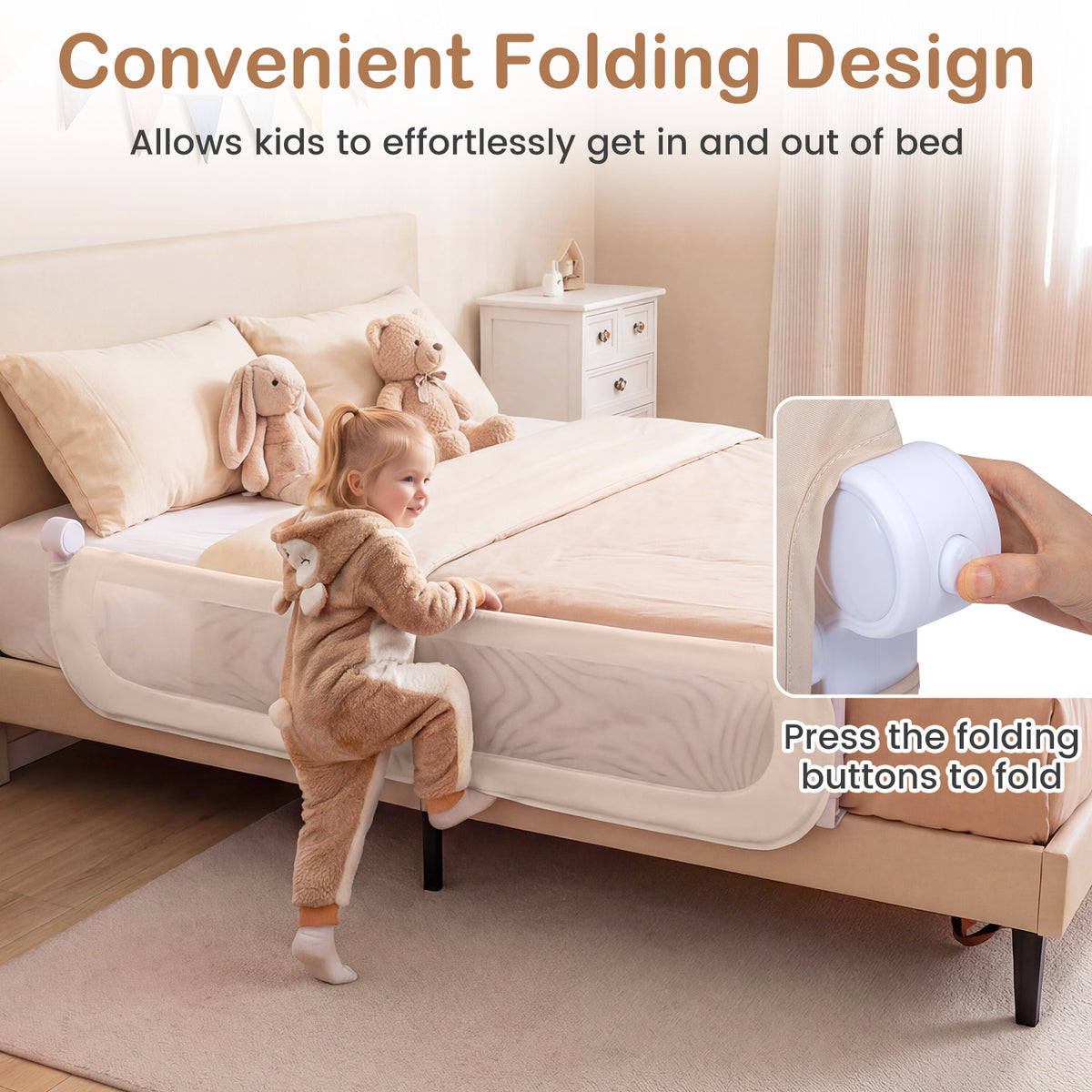 Foldable Bed Rail for Toddlers, 150/180/200 cm Long Adjustable Baby Bed Rail Guard with Removable Oxford Fabric Cover & Robust U-shaped Base