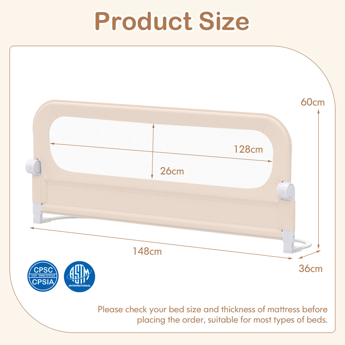Foldable Bed Rail for Toddlers, 150/180/200 cm Long Adjustable Baby Bed Rail Guard with Removable Oxford Fabric Cover & Robust U-shaped Base