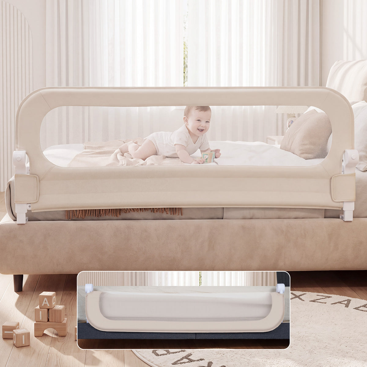 Foldable Bed Rail for Toddlers, 150/180/200 cm Long Adjustable Baby Bed Rail Guard with Removable Oxford Fabric Cover & Robust U-shaped Base