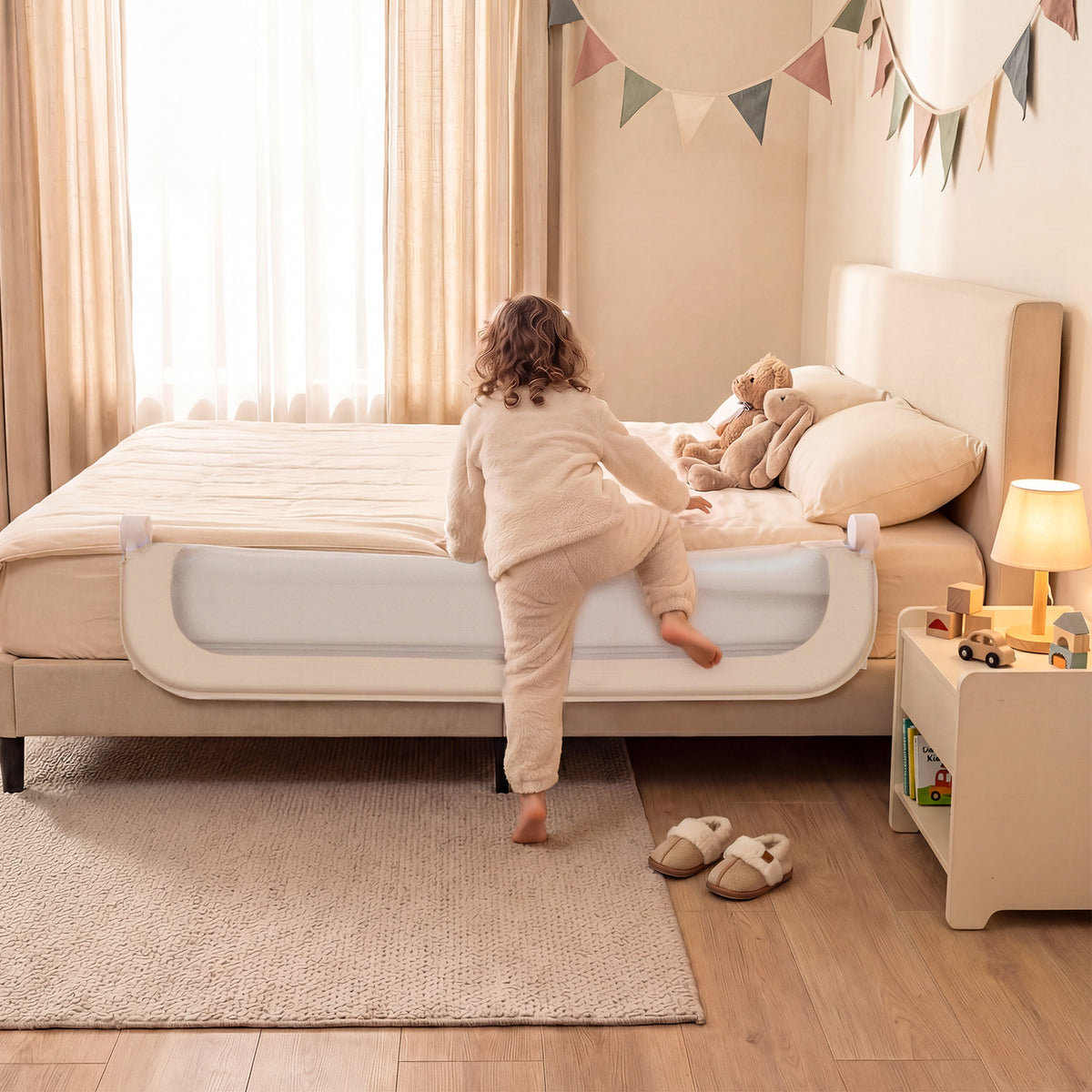 Foldable Bed Rail for Toddlers, 150/180/200 cm Long Adjustable Baby Bed Rail Guard with Removable Oxford Fabric Cover & Robust U-shaped Base