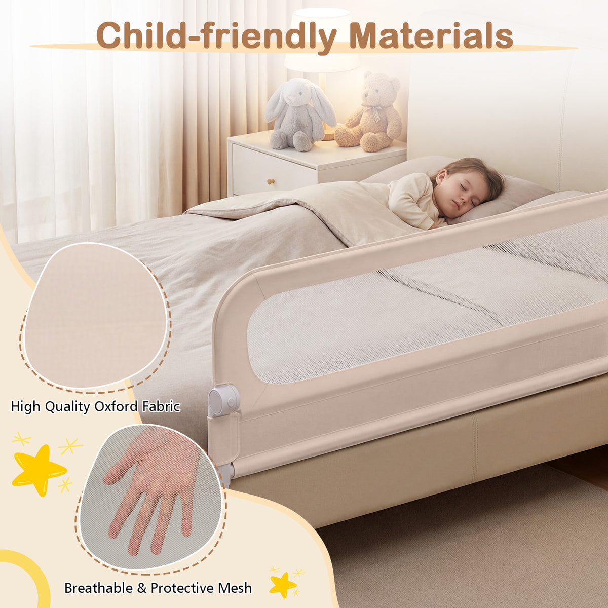 Foldable Bed Rail for Toddlers, 150/180/200 cm Long Adjustable Baby Bed Rail Guard with Removable Oxford Fabric Cover & Robust U-shaped Base