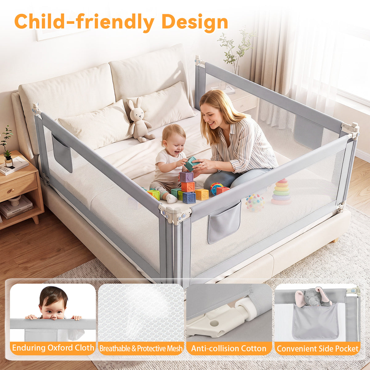Bed Rail for Toddler, 195cm Vertical Lifting Bed Guardrail w/ Double Safety Lock
