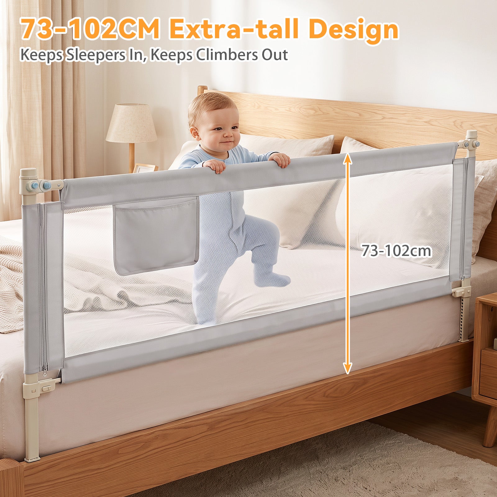 Bed Rail for Toddler, 195cm Vertical Lifting Bed Guardrail w/ Double Safety Lock