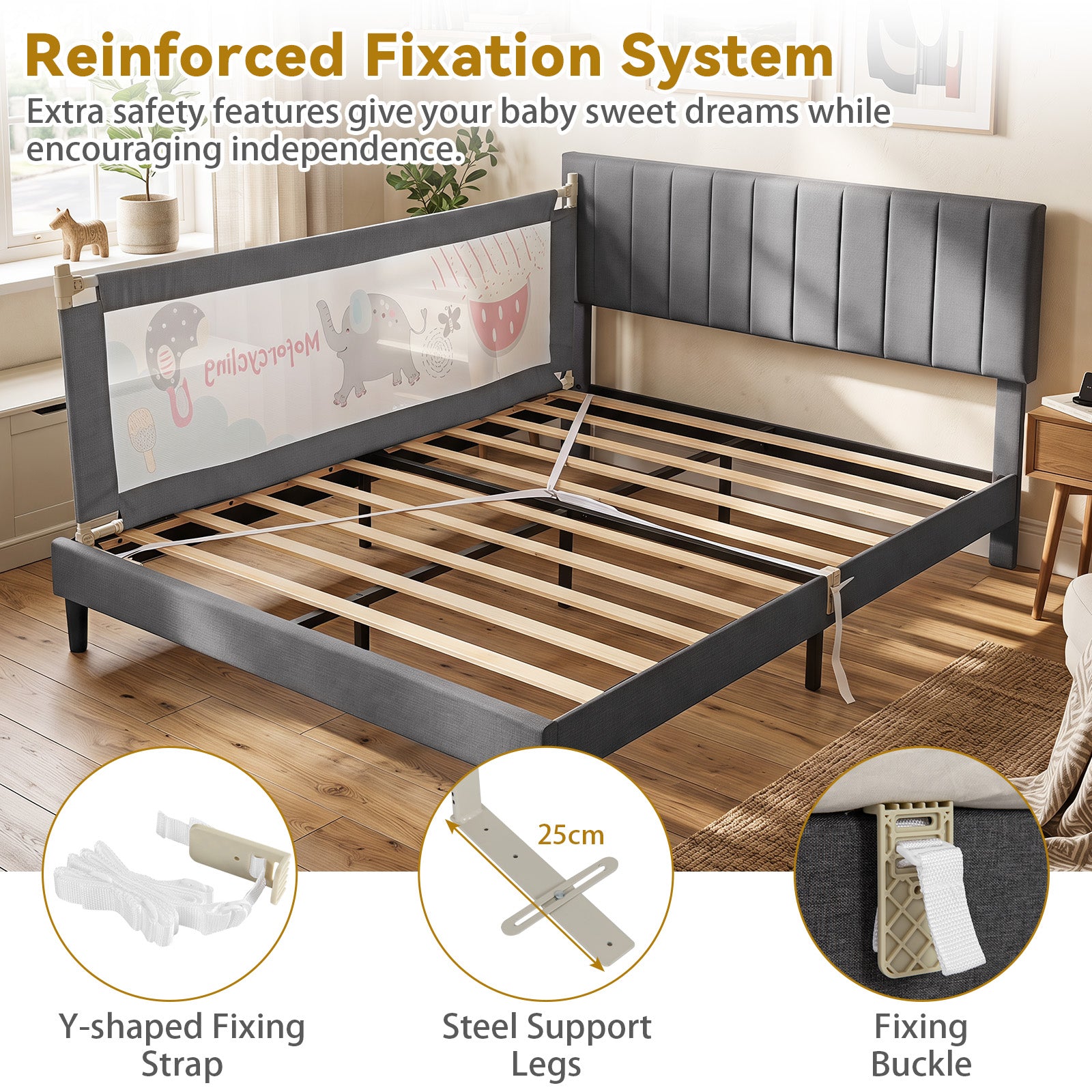 Bed Rail for Toddlers,  195cm Mesh Bed Guardrail w/Cute Patterns