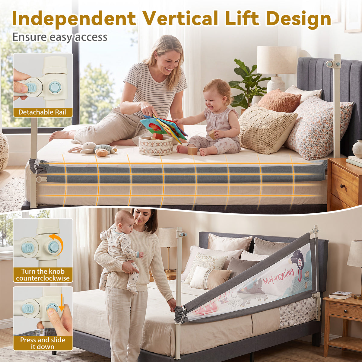 Bed Rail for Toddlers,  195cm Mesh Bed Guardrail w/Cute Patterns