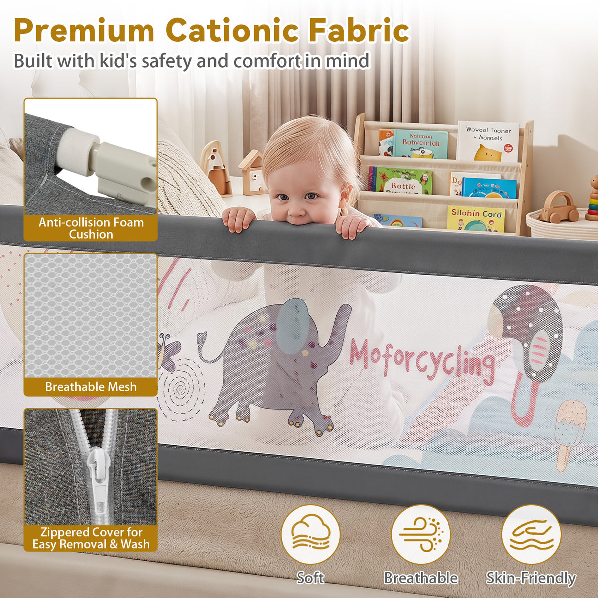 Bed Rail for Toddlers,  195cm Mesh Bed Guardrail w/Cute Patterns