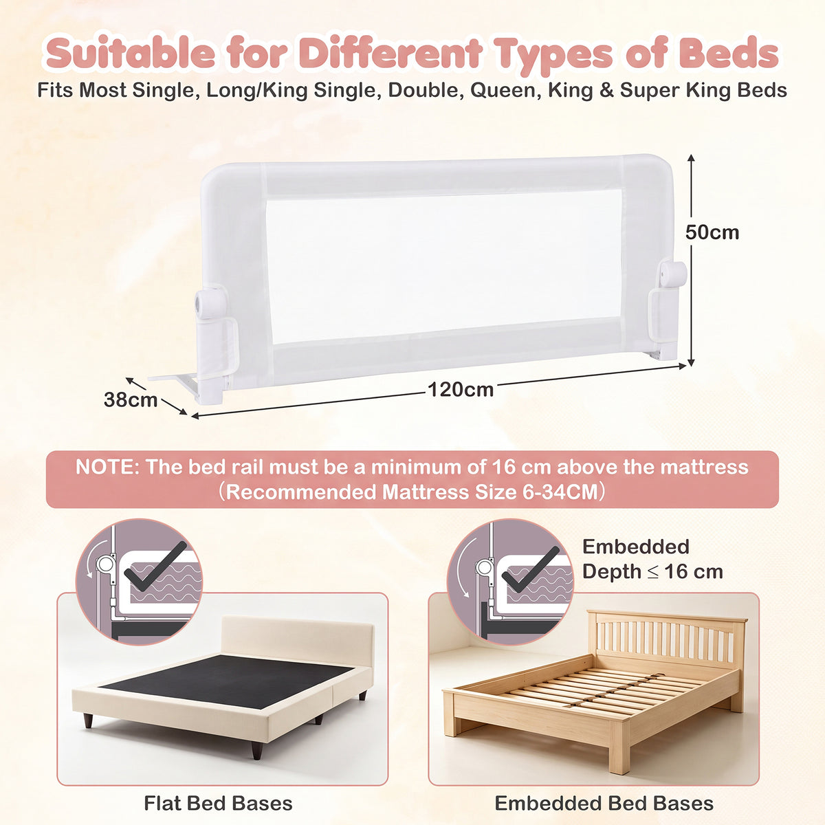 Swing Down Bed Guard with Adjustable Safety Strap for Single, Long/King Single, Double, Queen, King & Super King Beds, 1-Pack