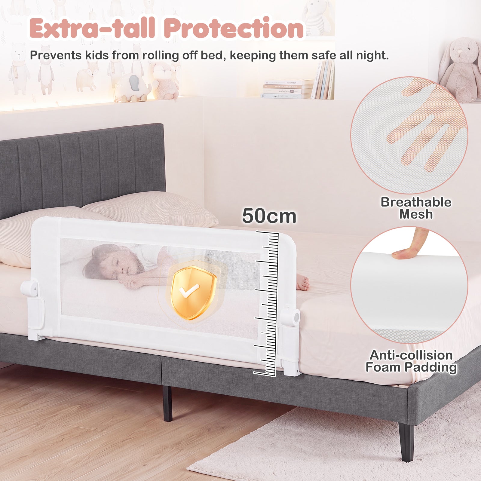 Swing Down Bed Guard with Adjustable Safety Strap for Single, Long/King Single, Double, Queen, King & Super King Beds, 1-Pack