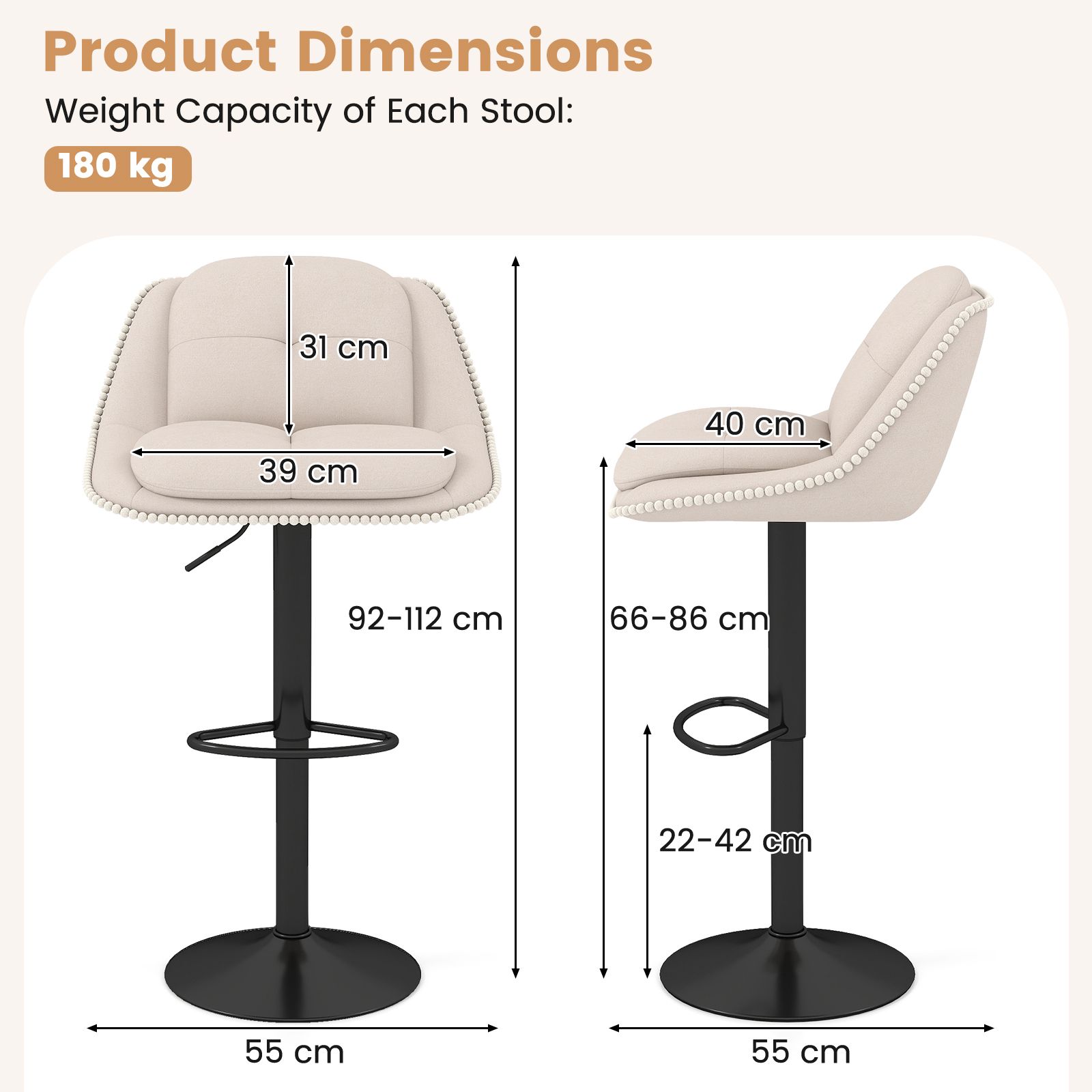 Bar Stools Set of 2 Modern Adjustable Chenille Upholstered Barstools with Footrests