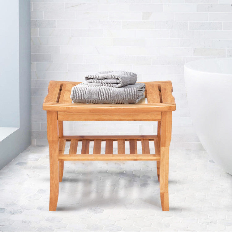 Bathroom Bamboo Seat Shower Chair Bench with Storage Shelf