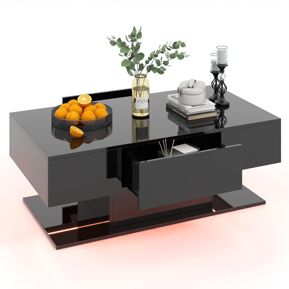 2-Tier Modern LED Coffee Table, High Glossy Rectangle Center Table with 20-Color Lights, 2 Storage Drawers & Remote Control for Living Room