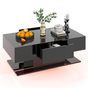 2-Tier Modern LED Coffee Table, High Glossy Rectangle Center Table with 20-Color Lights, 2 Storage Drawers & Remote Control for Living Room