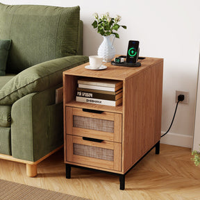 Rattan Nightstand with Charging Station, Boho Side Table with Open Storage Shelf