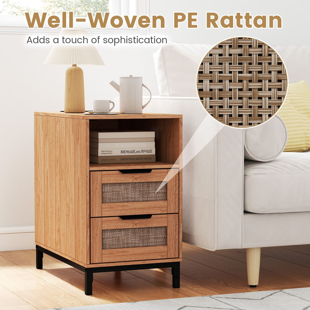 Rattan Nightstand with Charging Station, Boho Side Table with Open Storage Shelf