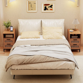 Rattan Nightstand with Charging Station, Boho Side Table with Open Storage Shelf