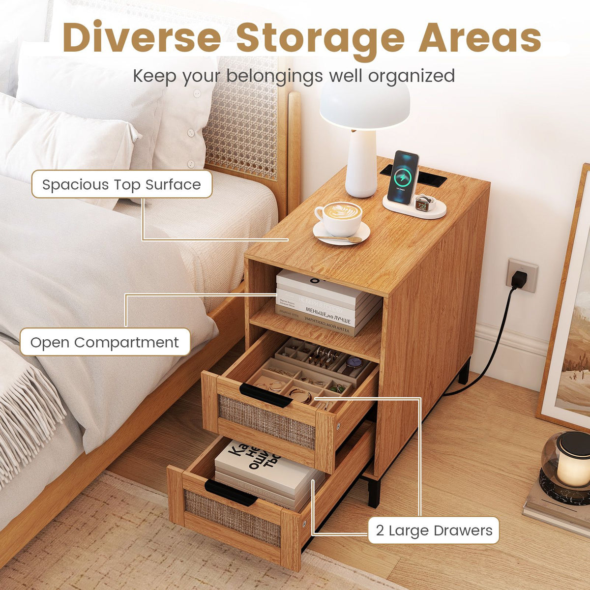 Rattan Nightstand with Charging Station, Boho Side Table with Open Storage Shelf