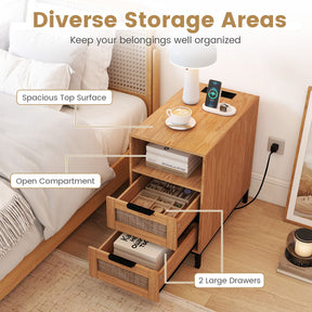 Rattan Nightstand with Charging Station, Boho Side Table with Open Storage Shelf