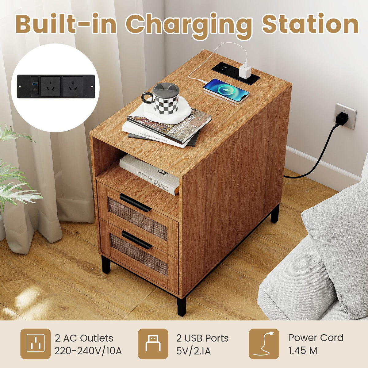Rattan Nightstand with Charging Station, Boho Side Table with Open Storage Shelf