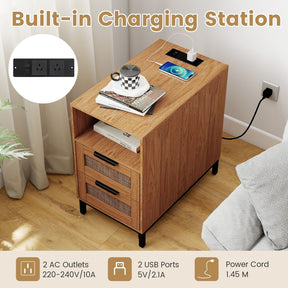 Rattan Nightstand with Charging Station, Boho Side Table with Open Storage Shelf