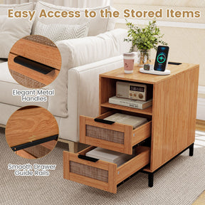 Rattan Nightstand with Charging Station, Boho Side Table with Open Storage Shelf