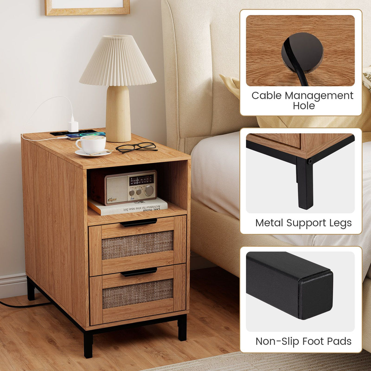 Rattan Nightstand with Charging Station, Boho Side Table with Open Storage Shelf