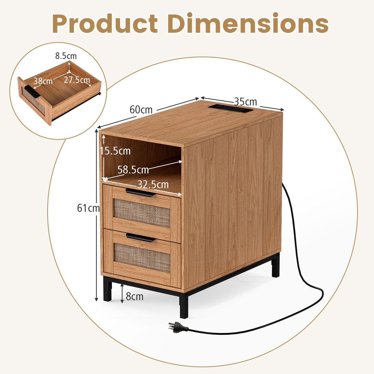 Rattan Nightstand with Charging Station, Boho Side Table with Open Storage Shelf