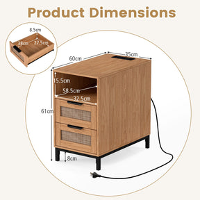 Rattan Nightstand with Charging Station, Boho Side Table with Open Storage Shelf