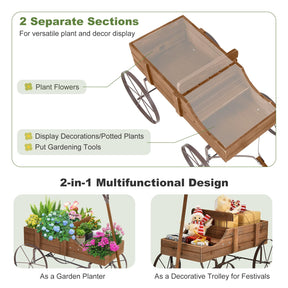 24.5" x 13.5" x 24" Wooden Wagon Planter, Decorative Garden Planter with 2 Planting Sections, Wheels, Handle, Small Decorated Cart