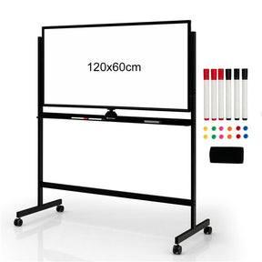 Mobile Magnetic Double-Sided Reversible Whiteboard, 360° Rolling Dry Erase Board w/Markers