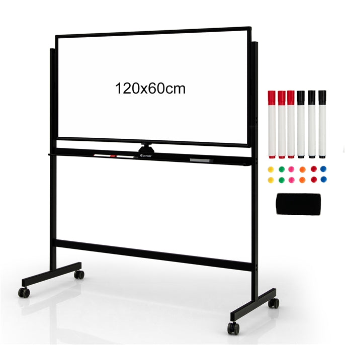 Mobile Magnetic Double-Sided Reversible Whiteboard, 360° Rolling Dry Erase Board w/Markers