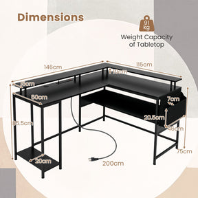 L-Shaped Home Office Gaming Desk with LED Lights and Power Outlets
