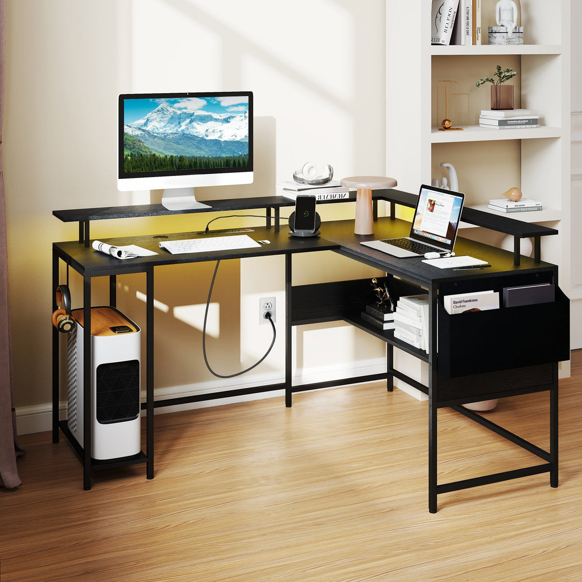 L-Shaped Home Office Gaming Desk with LED Lights and Power Outlets