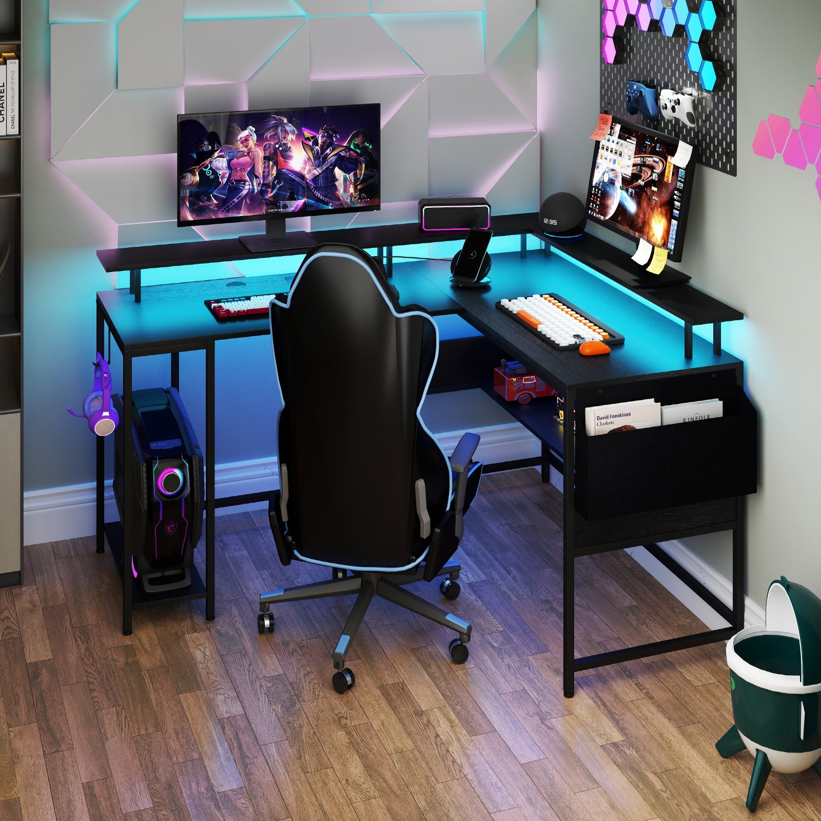 L-Shaped Home Office Gaming Desk with LED Lights and Power Outlets