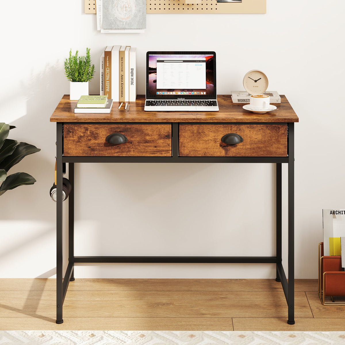 Computer Desk Home Office Desk w/ 2 Fabric Drawers 4 Hanging Hooks Metal Frame