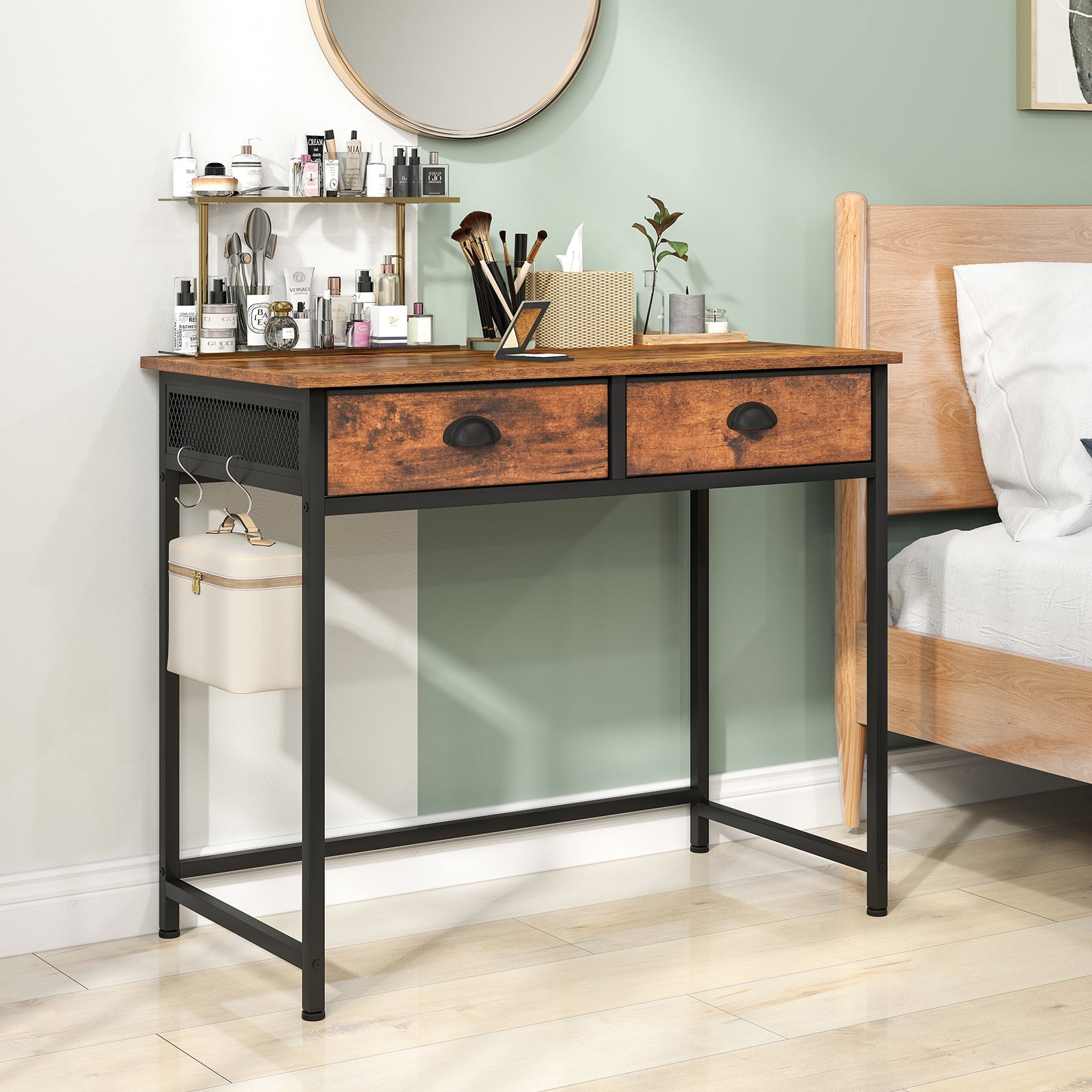 Computer Desk Home Office Desk w/ 2 Fabric Drawers 4 Hanging Hooks Metal Frame