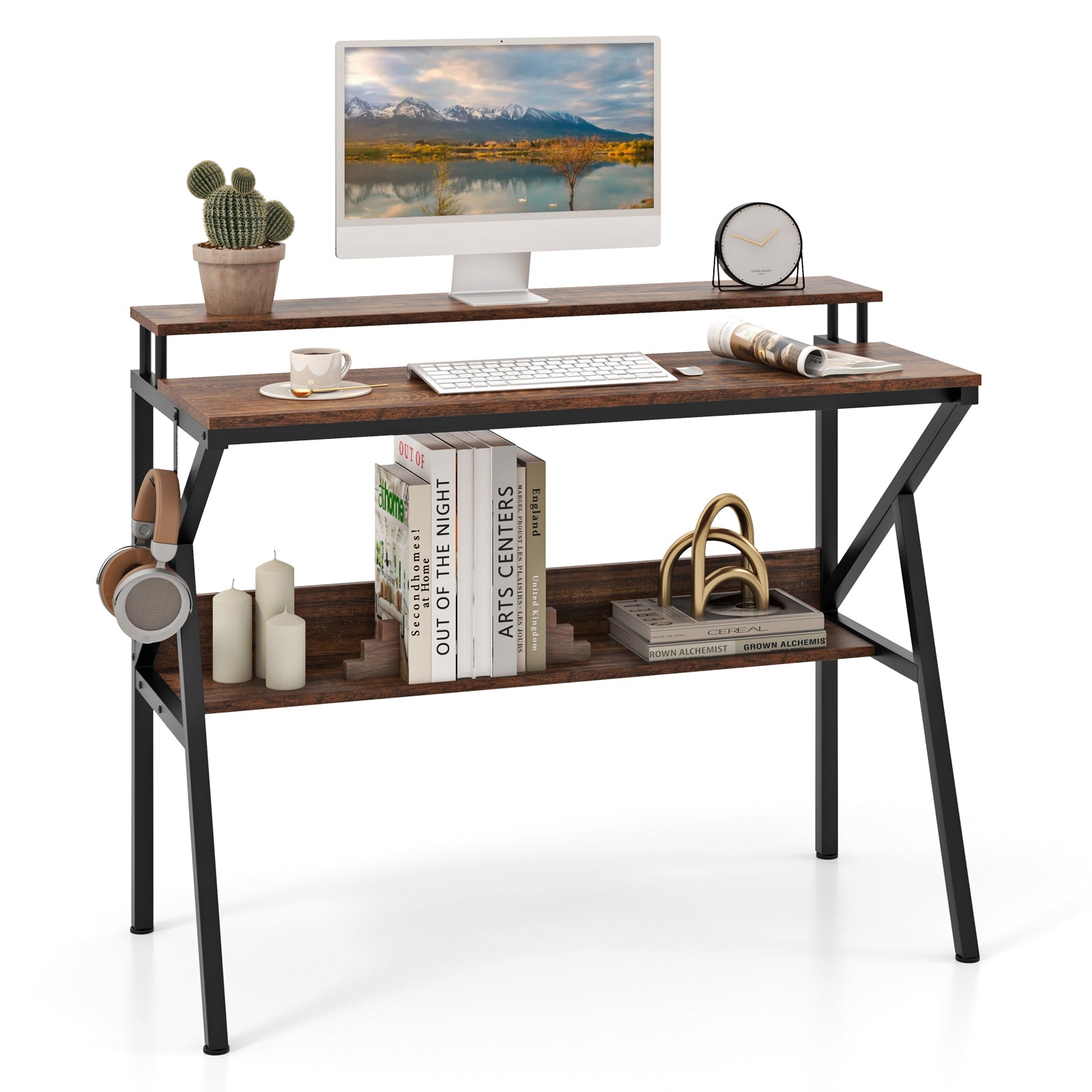 Computer Desk Versatile Writing Desk w/ Monitor Stand Hanging Hook Storage Shelf