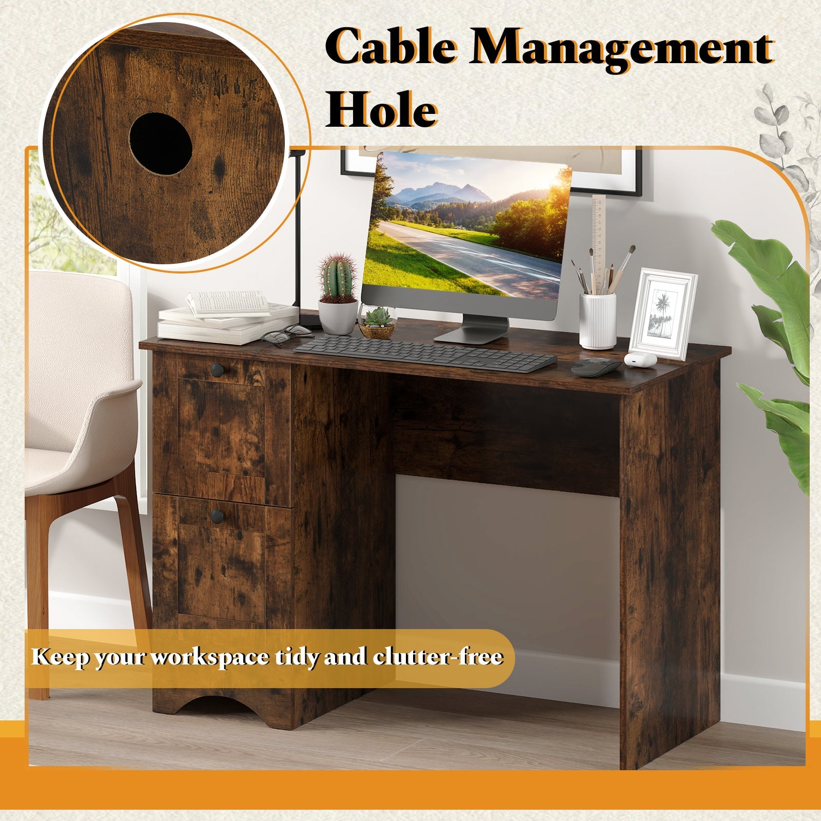 Giantex Computer Desk with Drawers, Home Office Desk with Charging Station, Modern Study Writing Desk with Cable Hole