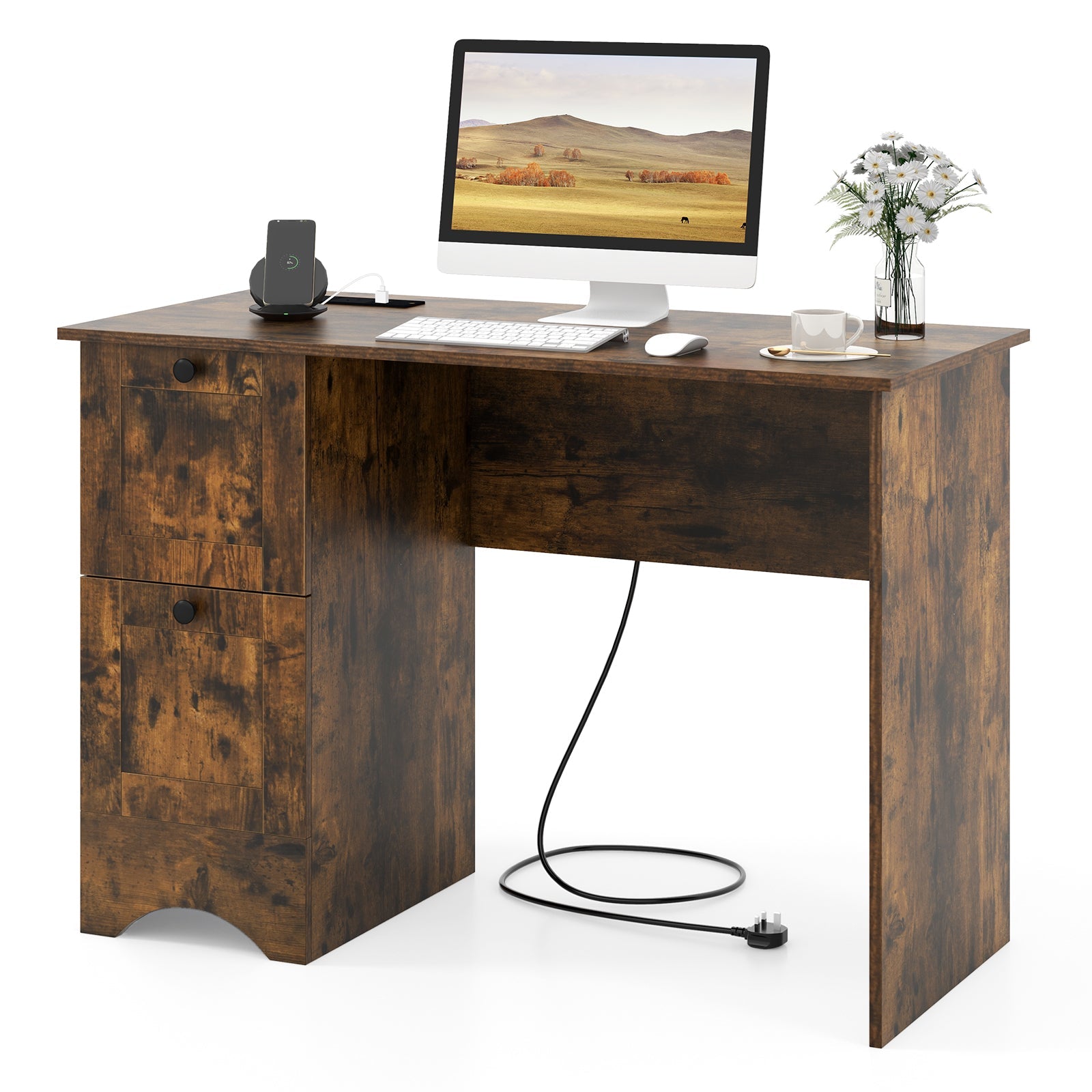 Giantex Computer Desk with Drawers, Home Office Desk with Charging Station, Modern Study Writing Desk with Cable Hole