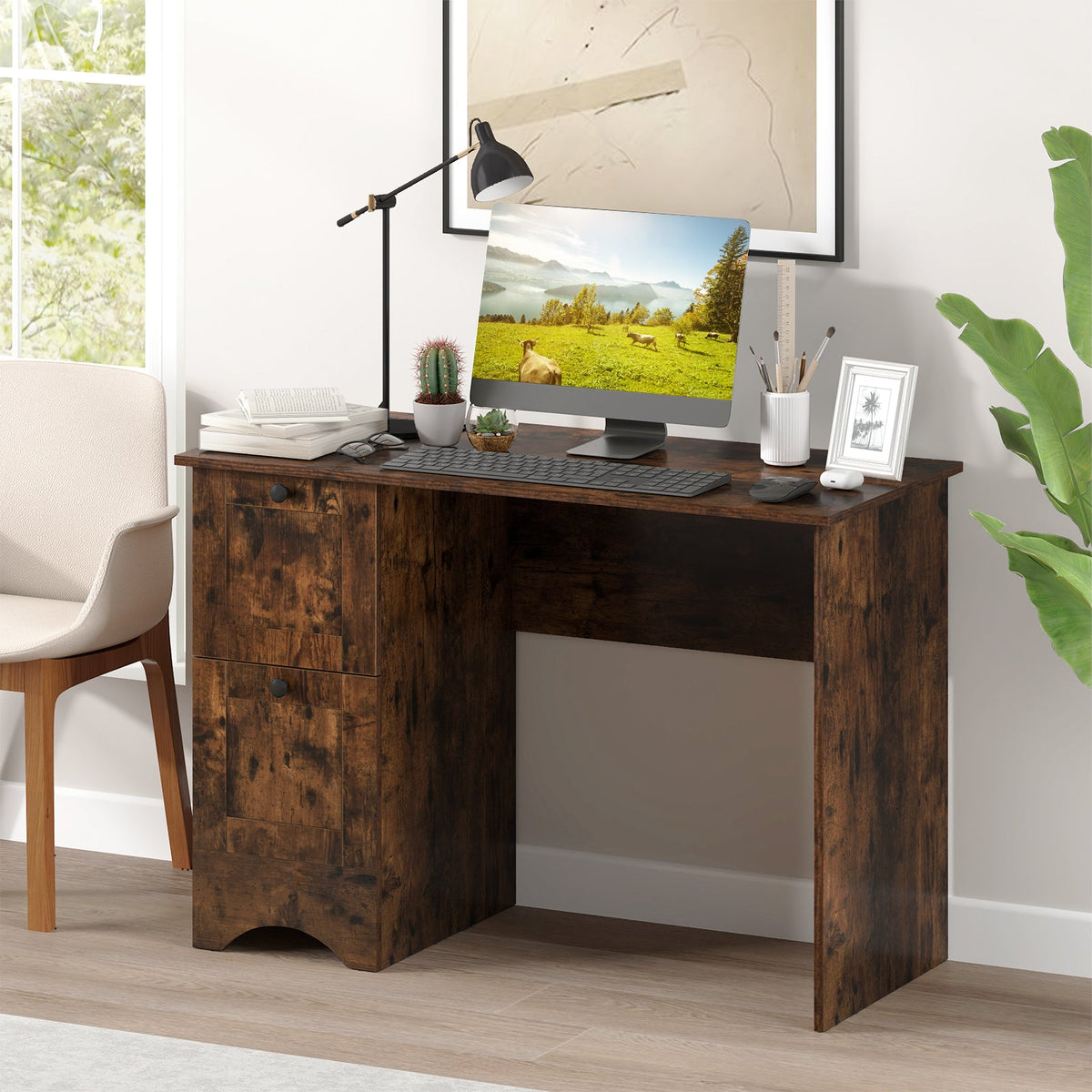 Giantex Computer Desk with Drawers, Home Office Desk with Charging Station, Modern Study Writing Desk with Cable Hole