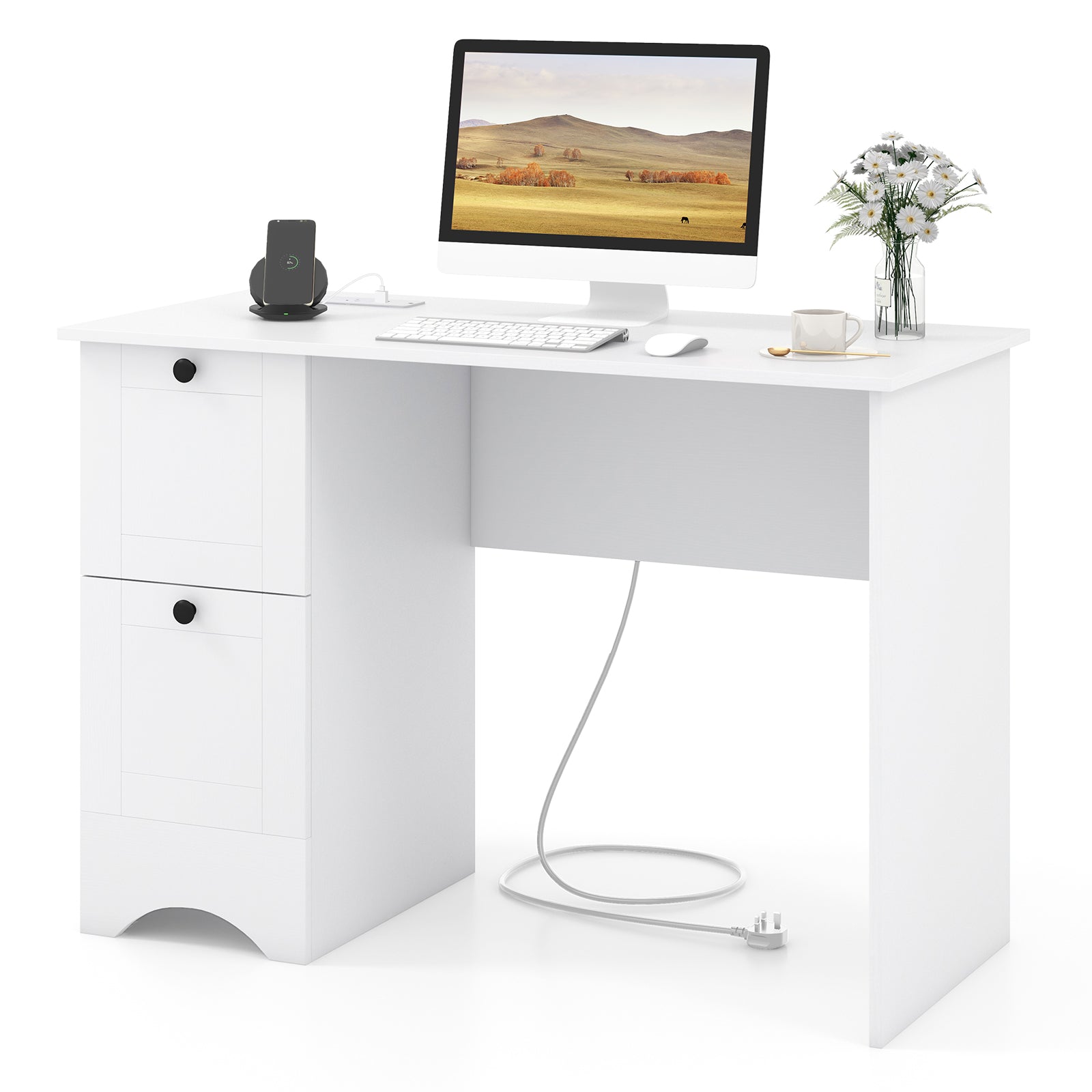 Giantex Computer Desk with Drawers, Home Office Desk with Charging Station, Modern Study Writing Desk with Cable Hole