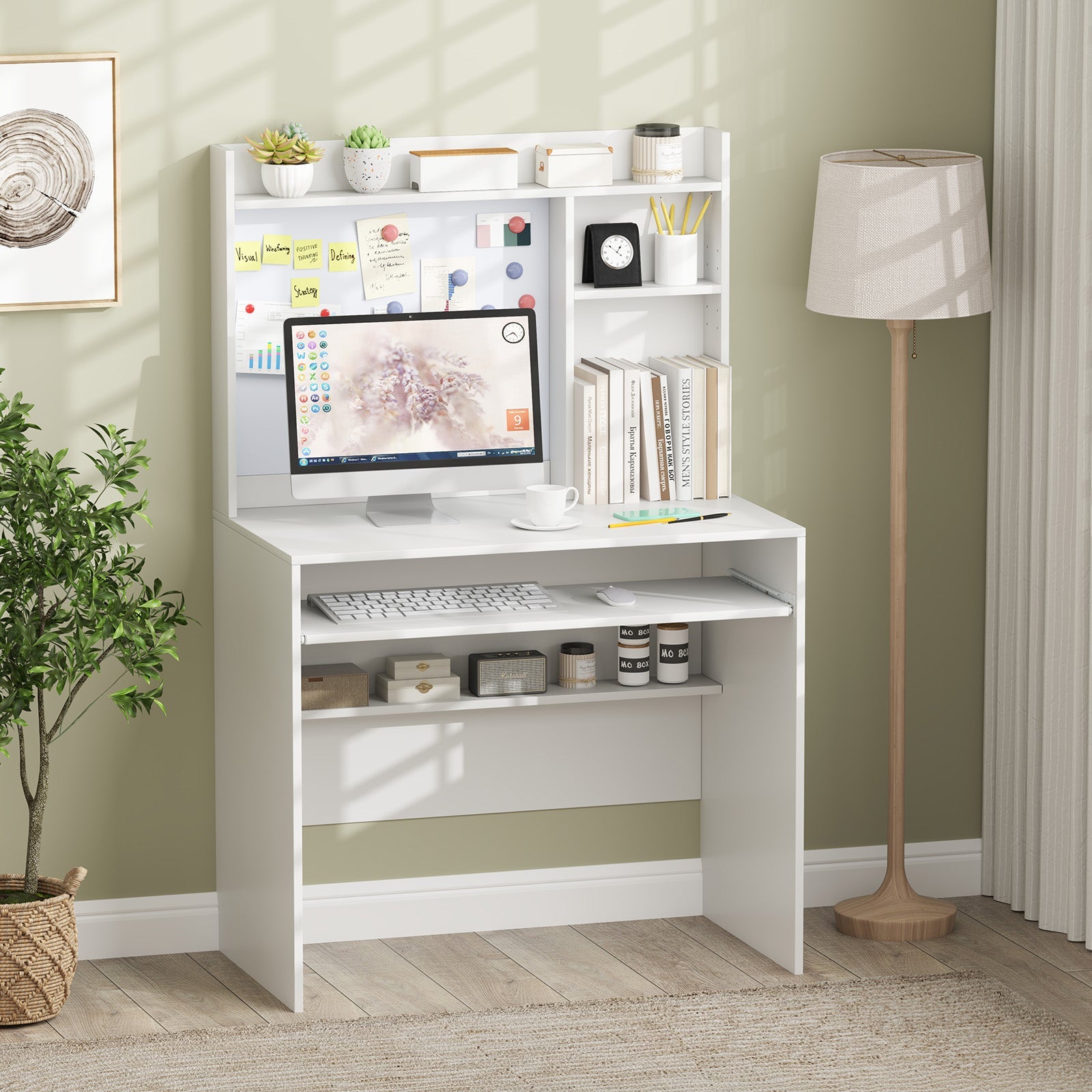 Computer Desk w/ Magnetic Bulletin Board, Home Office Desk w/ Hutch & Keyboard Tray, Modern Writing Table