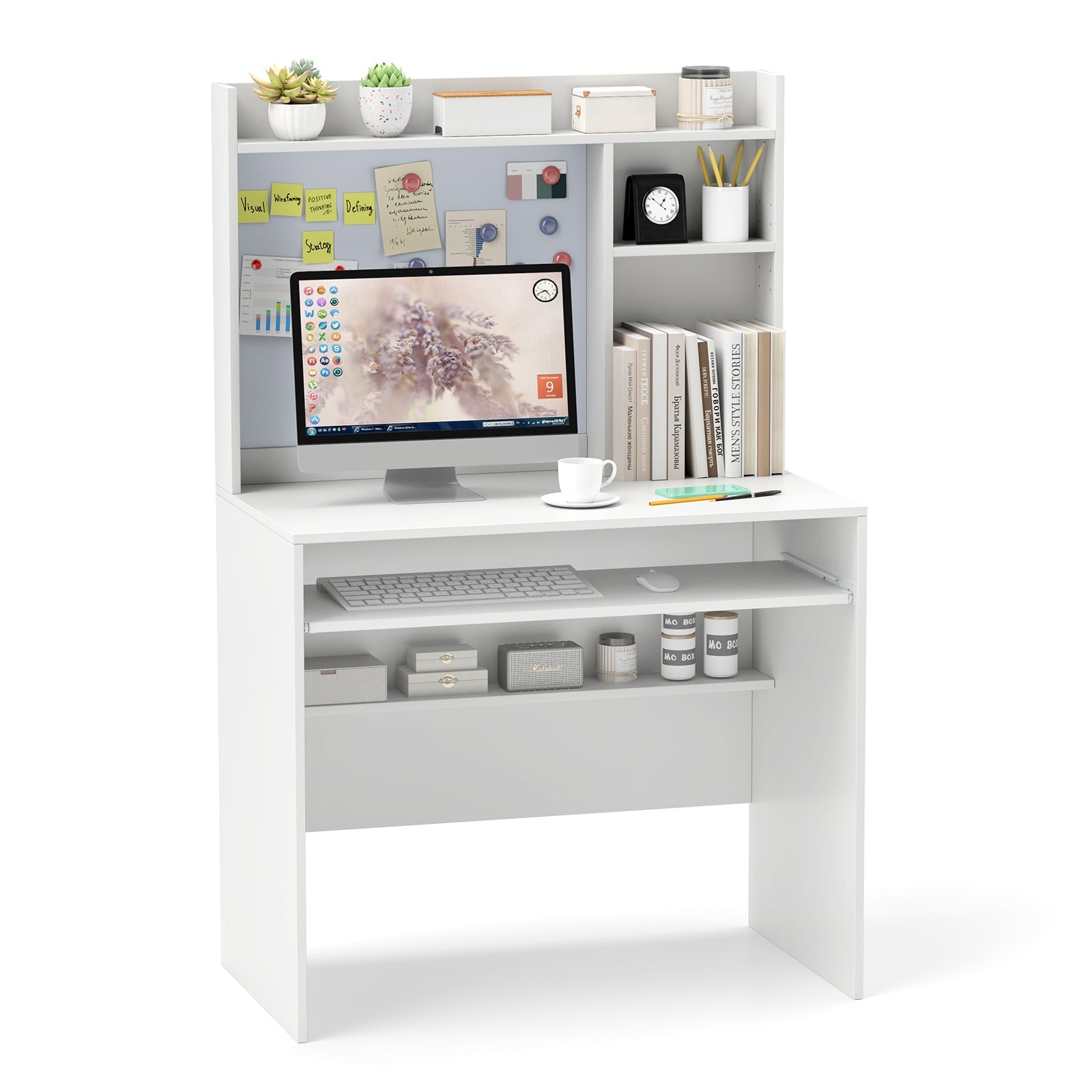 Computer Desk w/ Magnetic Bulletin Board, Home Office Desk w/ Hutch & Keyboard Tray, Modern Writing Table