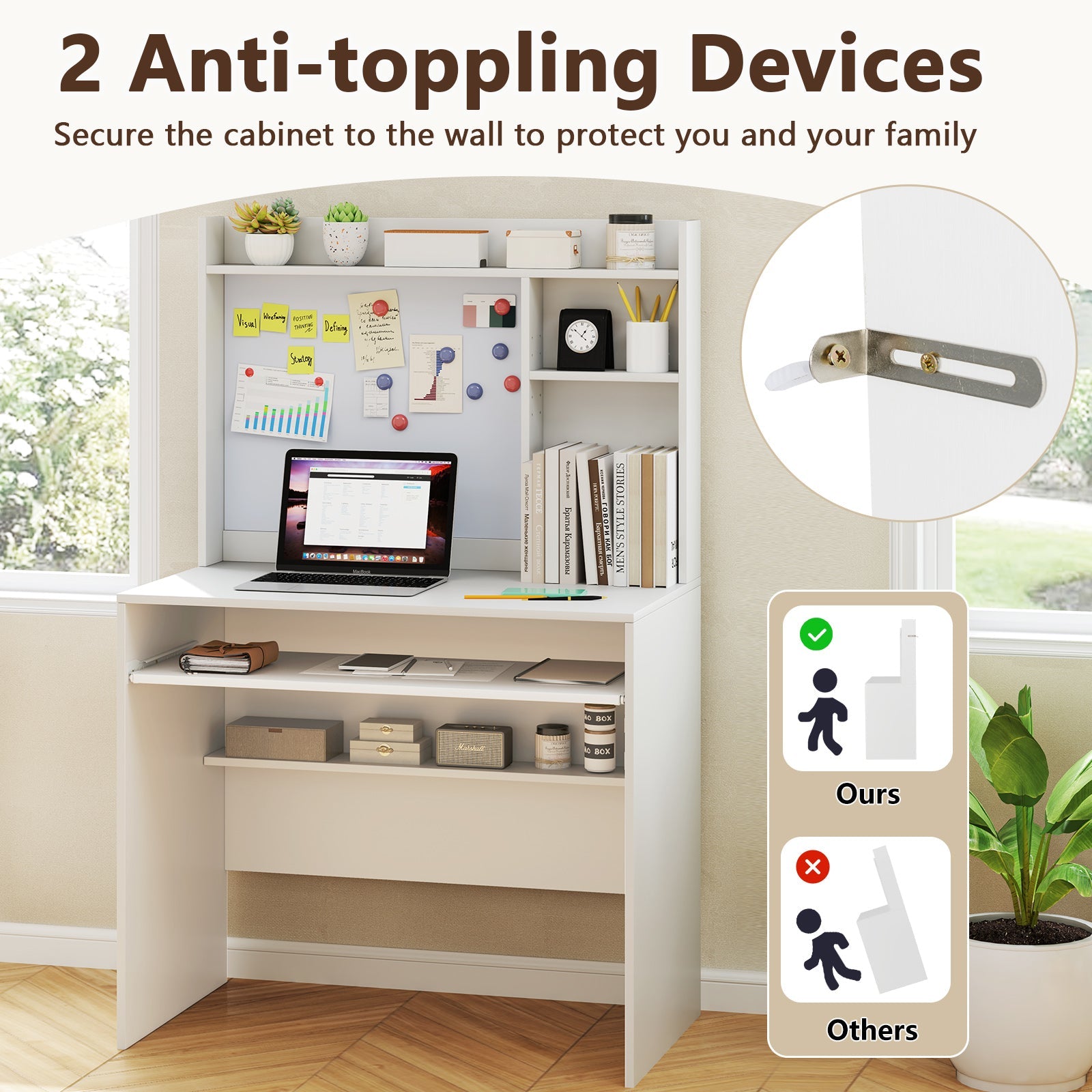 Computer Desk w/ Magnetic Bulletin Board, Home Office Desk w/ Hutch & Keyboard Tray, Modern Writing Table