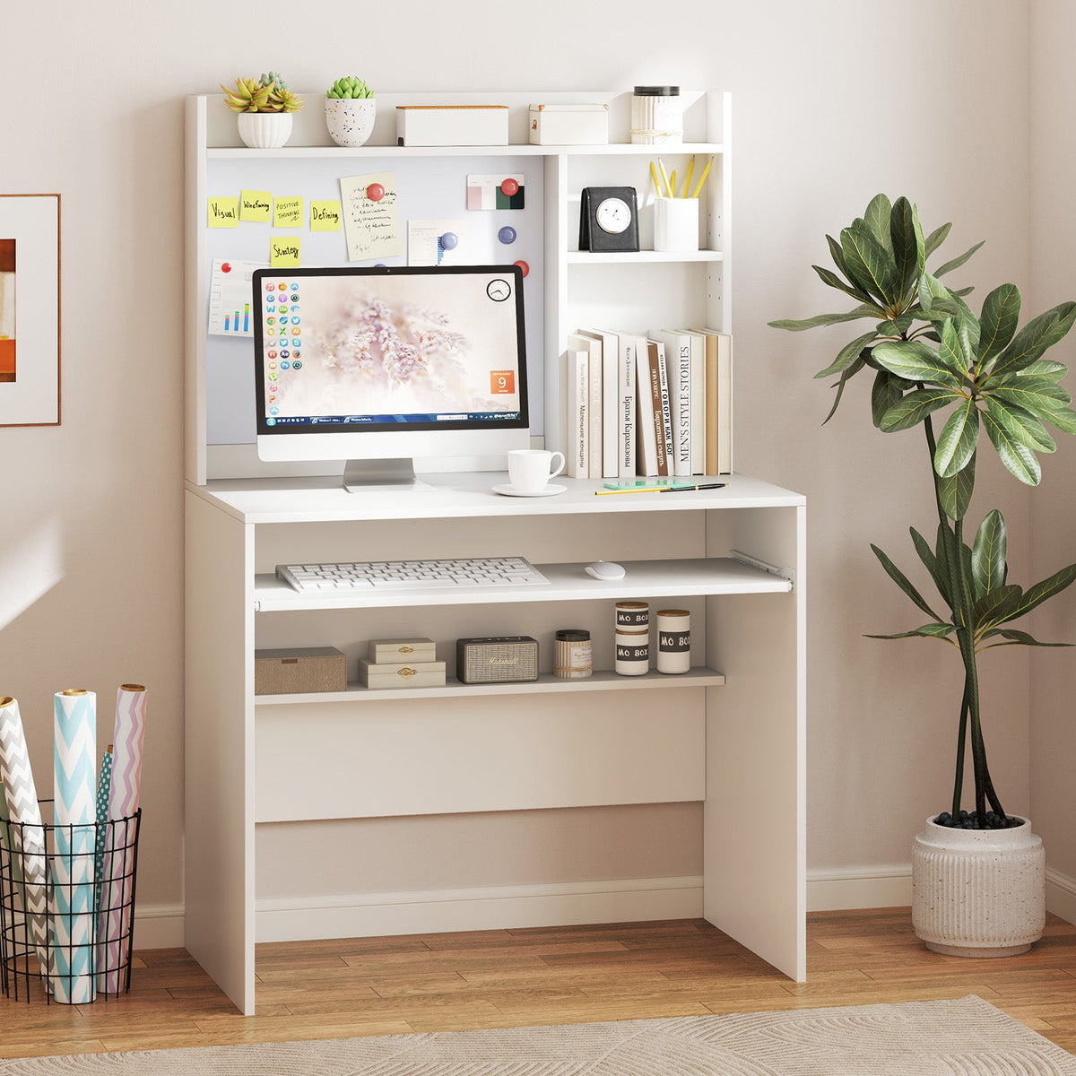 Computer Desk w/ Magnetic Bulletin Board, Home Office Desk w/ Hutch & Keyboard Tray, Modern Writing Table
