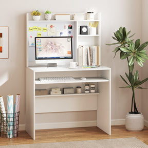 Computer Desk w/ Magnetic Bulletin Board, Home Office Desk w/ Hutch & Keyboard Tray, Modern Writing Table