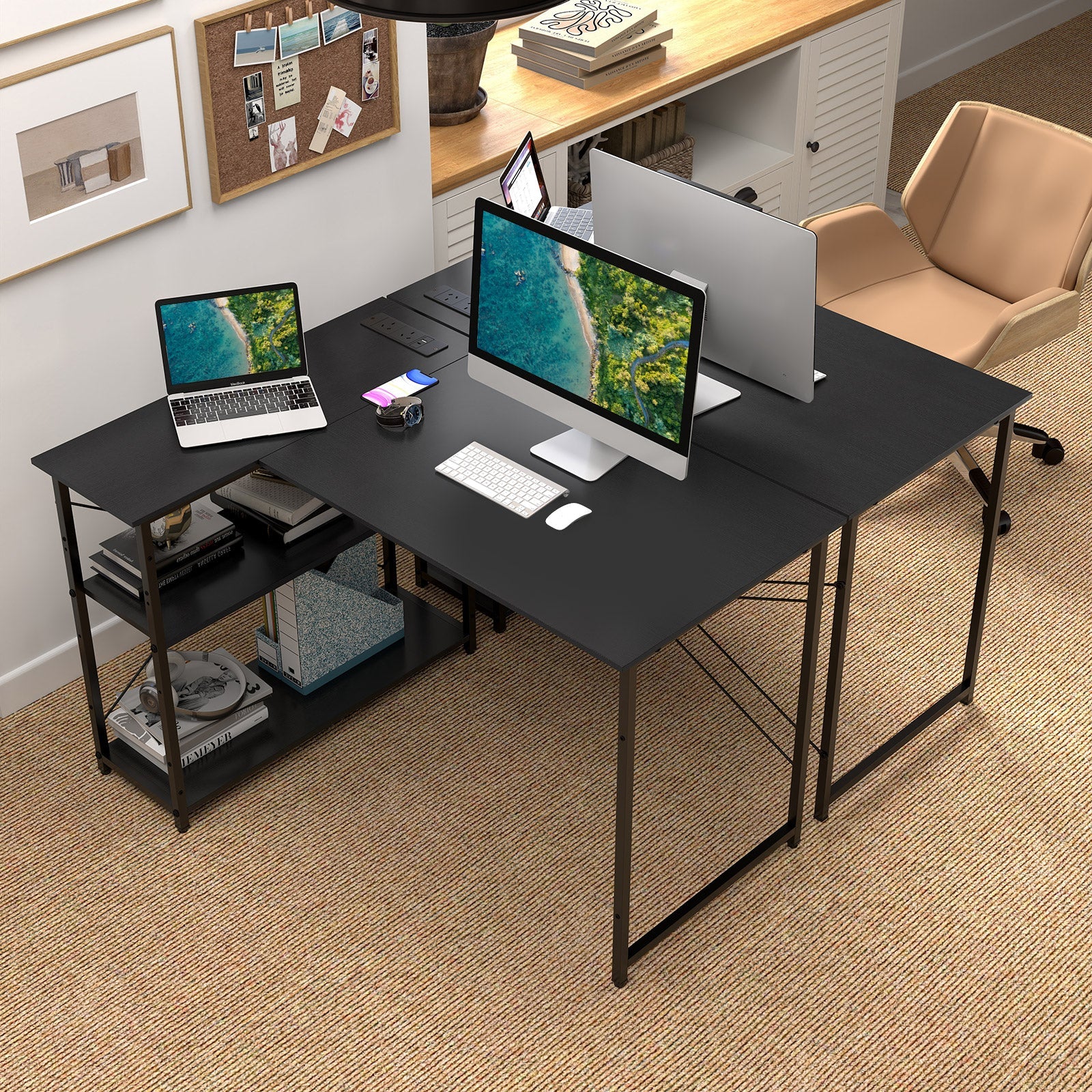 L-shaped Desk w/ Power Outlet Computer Desk Corner Gaming Desk for Home & Office