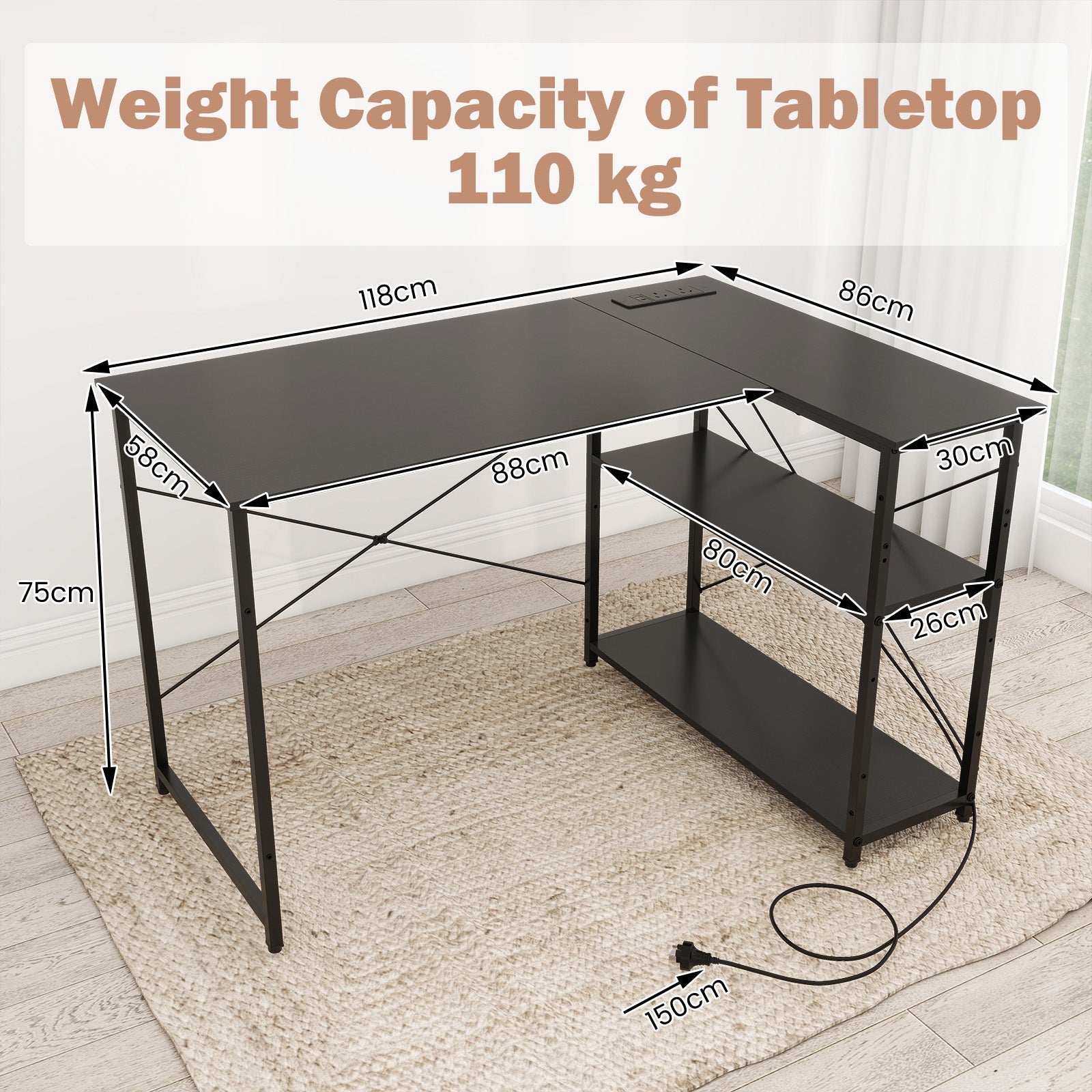 L-shaped Desk w/ Power Outlet Computer Desk Corner Gaming Desk for Home & Office