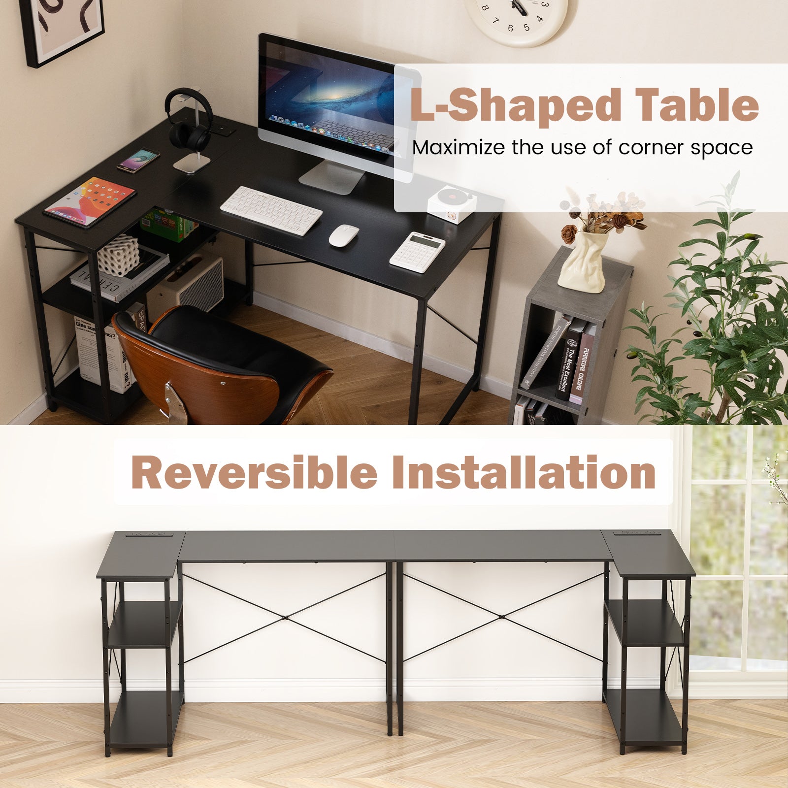 L-shaped Desk w/ Power Outlet Computer Desk Corner Gaming Desk for Home & Office